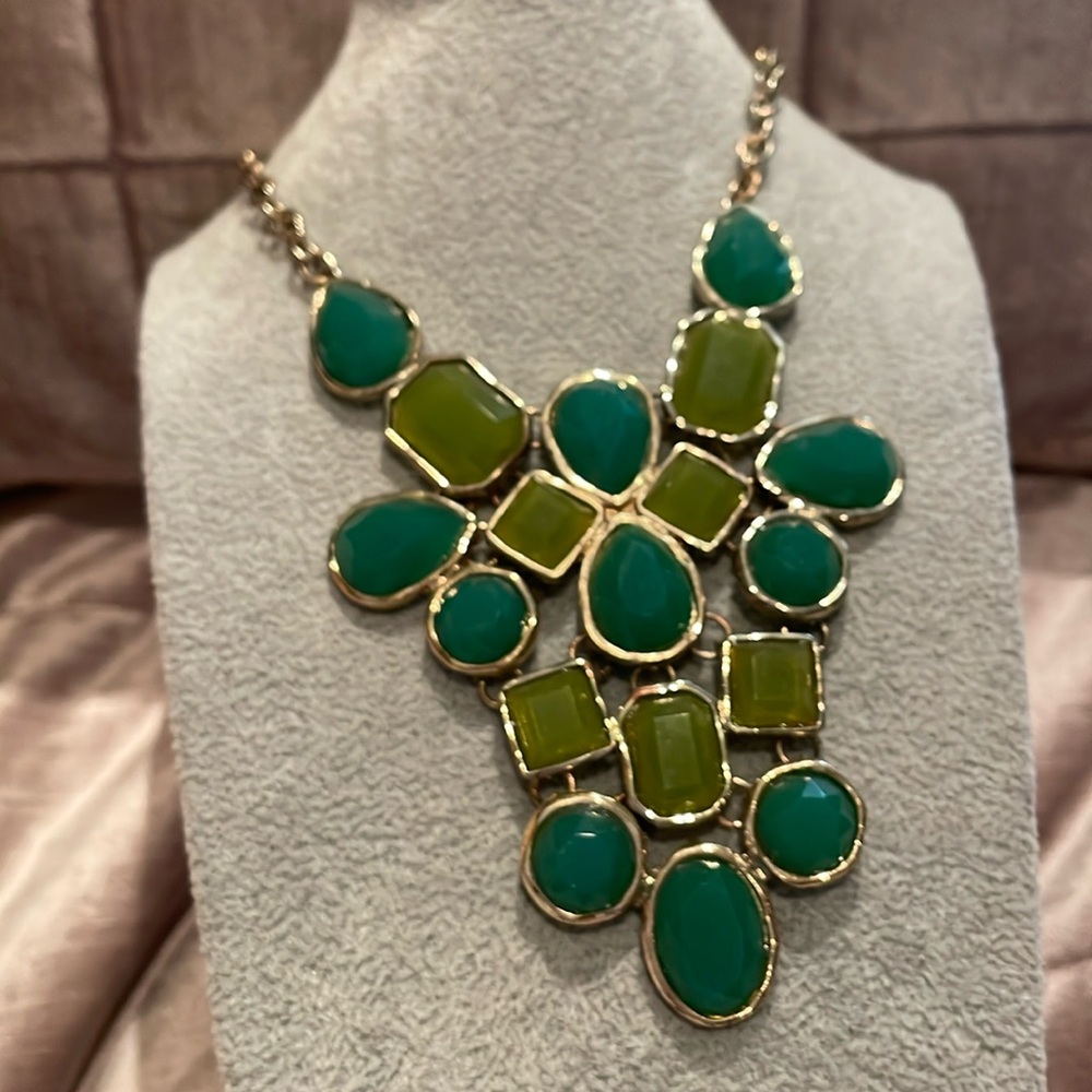 Multi shaped Bib Necklace Green And Gold